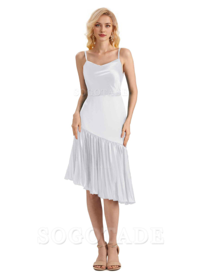 Unique Soft Satin Spaghetti Straps Short Midi Asymmetrical Bridesmaid Dresses Online