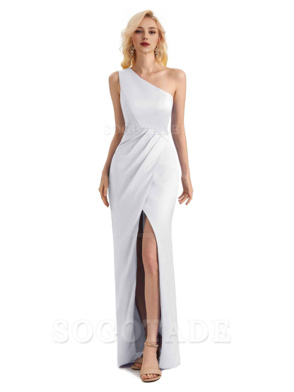 Sexy Soft Satin Split One Shoulder Long Mermaid Wedding Guest Dresses Online
