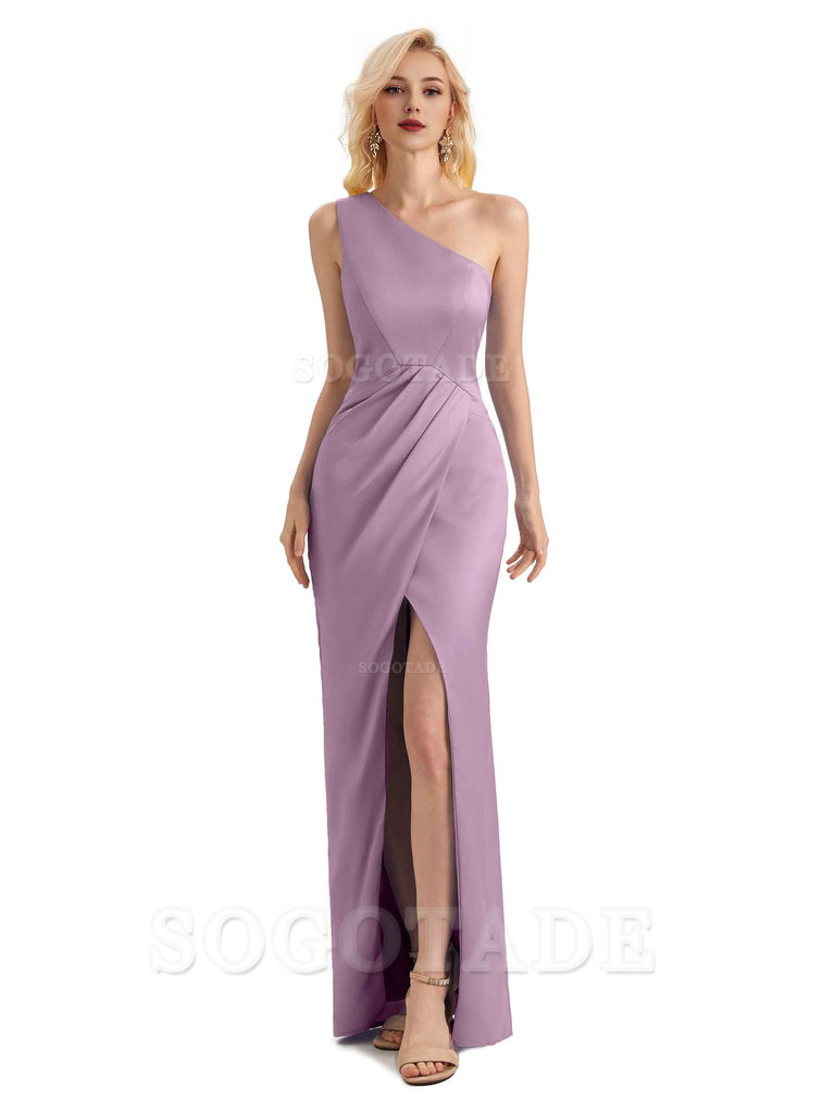 Sexy Soft Satin Split One Shoulder Long Mermaid Wedding Guest Dresses Online