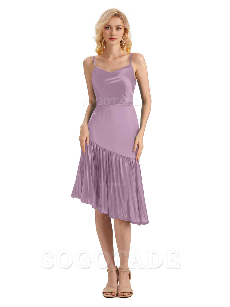 Unique Soft Satin Spaghetti Straps Short Midi Asymmetrical Bridesmaid Dresses Online