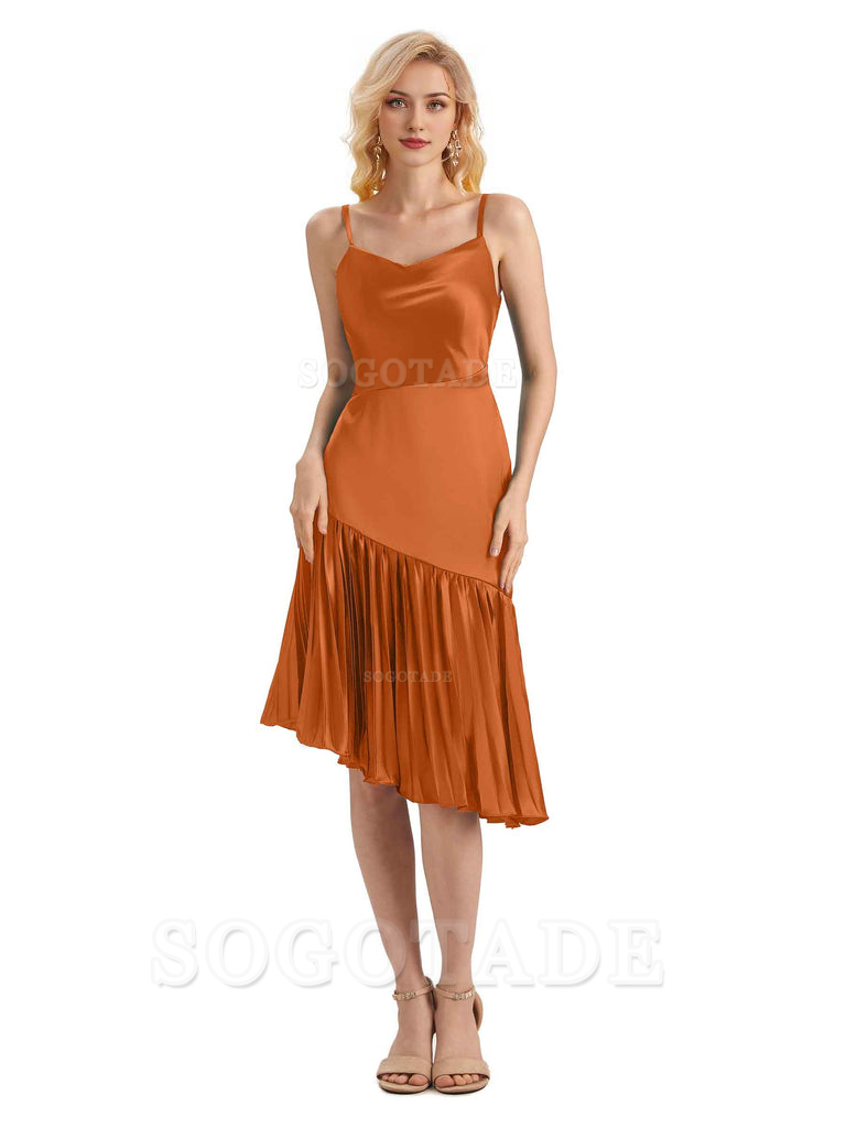Unique Soft Satin Spaghetti Straps Short Midi Asymmetrical Bridesmaid Dresses Online