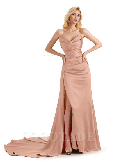 Unique Sweetheart Side Slit Soft Satin Long Mermaid Bridesmaid Dresses Online