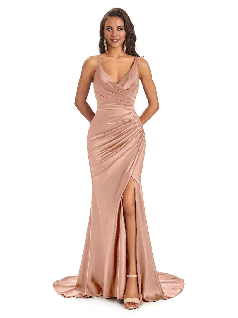 Soft Satin Side Slit Spaghetti Straps V-Neck Long Sexy Mermaid Bridesmaid Dresses