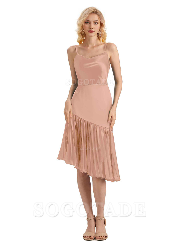Unique Soft Satin Spaghetti Straps Short Midi Asymmetrical Bridesmaid Dresses Online