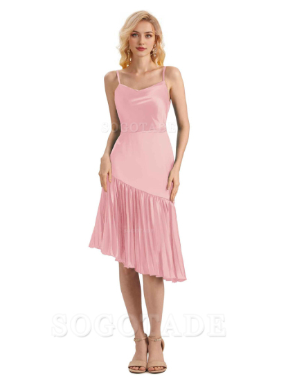 Unique Soft Satin Spaghetti Straps Short Midi Asymmetrical Bridesmaid Dresses Online