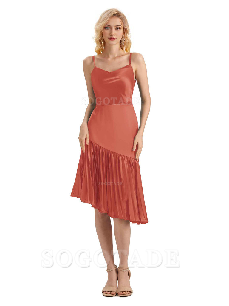 Unique Soft Satin Spaghetti Straps Short Midi Asymmetrical Bridesmaid Dresses Online