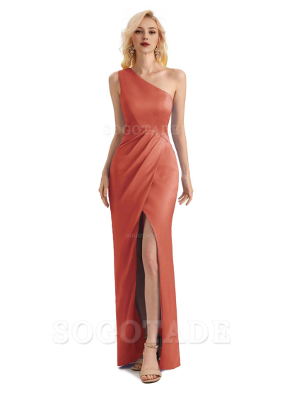 Sexy Soft Satin Split One Shoulder Long Mermaid Wedding Guest Dresses Online