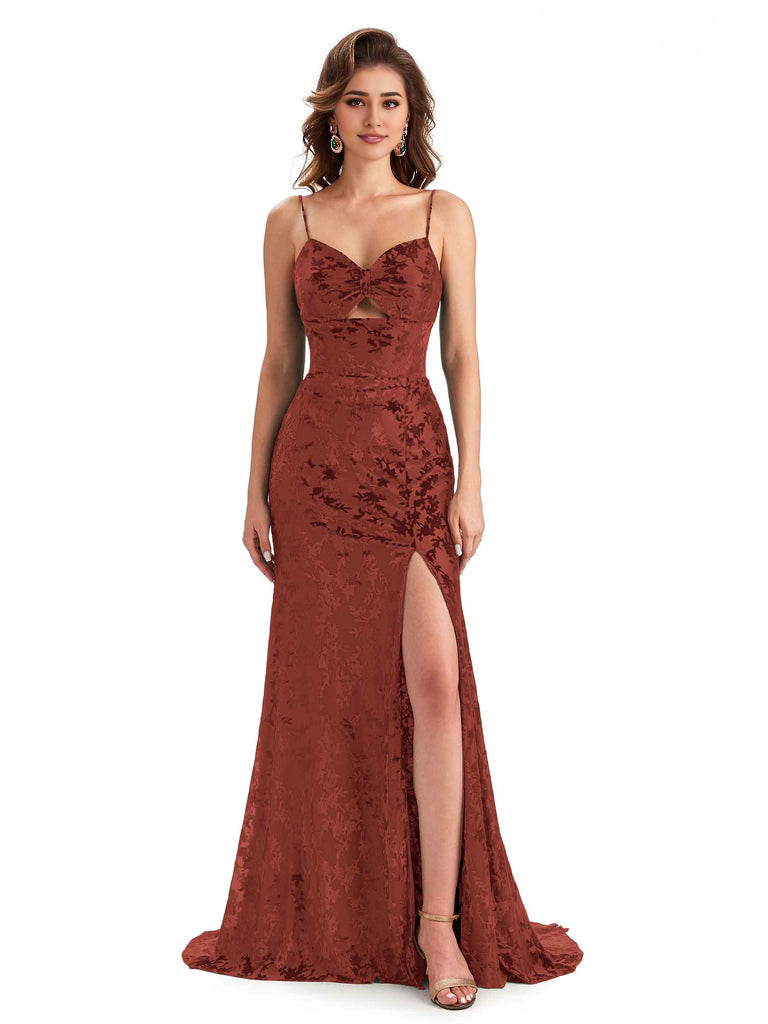 Sexy Spaghetti Straps Side Slit Mermaid Floral Velvet Long Modern Bridesmaid Dresses