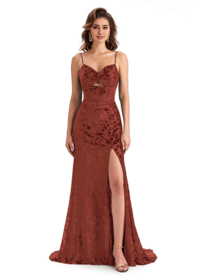 Sexy Spaghetti Straps Side Slit Mermaid Floral Velvet Long Modern Bridesmaid Dresses