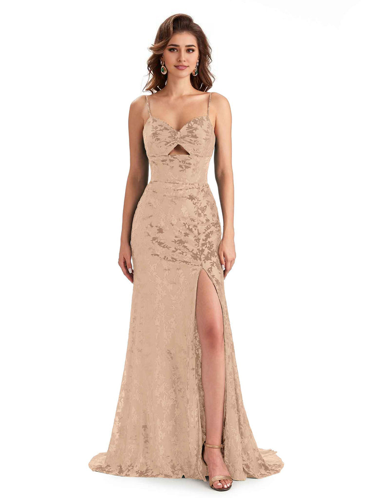 Sexy Spaghetti Straps Side Slit Mermaid Floral Velvet Long Modern Bridesmaid Dresses