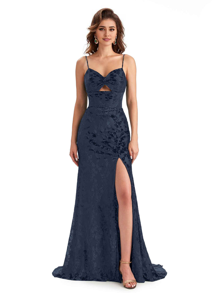 Sexy Spaghetti Straps Side Slit Mermaid Floral Velvet Long Modern Bridesmaid Dresses