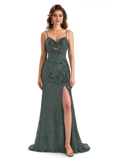Sexy Spaghetti Straps Side Slit Mermaid Floral Velvet Long Modern Bridesmaid Dresses