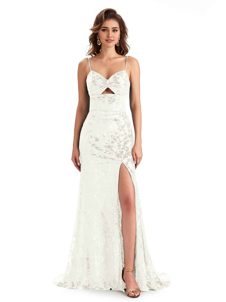 Sexy Spaghetti Straps Side Slit Mermaid Floral Velvet Long Modern Bridesmaid Dresses