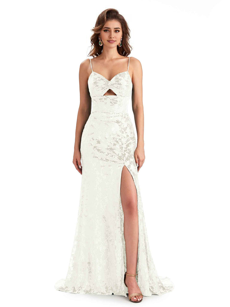 Sexy Spaghetti Straps Side Slit Mermaid Floral Velvet Long Modern Bridesmaid Dresses