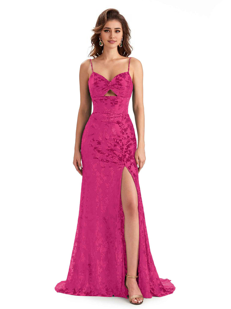 Sexy Spaghetti Straps Side Slit Mermaid Floral Velvet Long Modern Bridesmaid Dresses