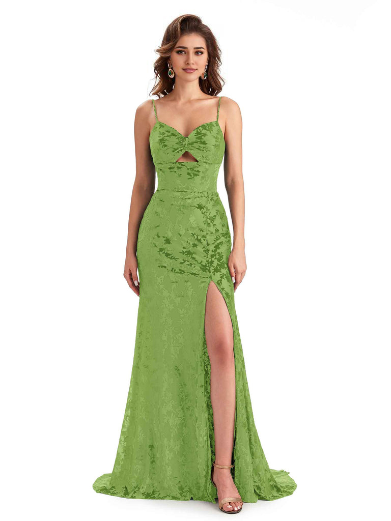 Sexy Spaghetti Straps Side Slit Mermaid Floral Velvet Long Modern Bridesmaid Dresses