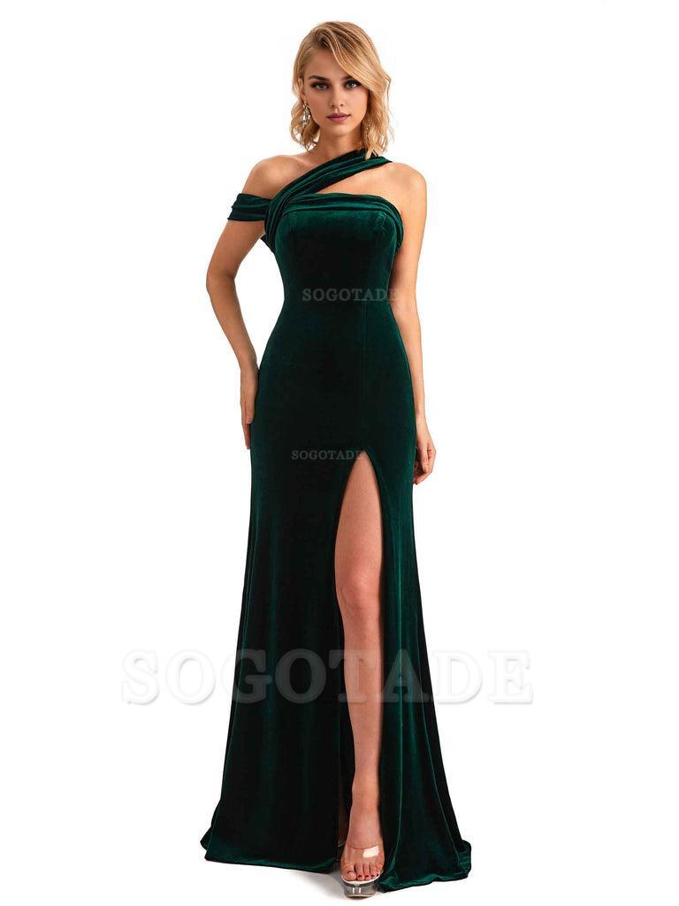 Sexy Mermaid Asymmetric Velvet Side Slit Long Bridesmaid Dresses