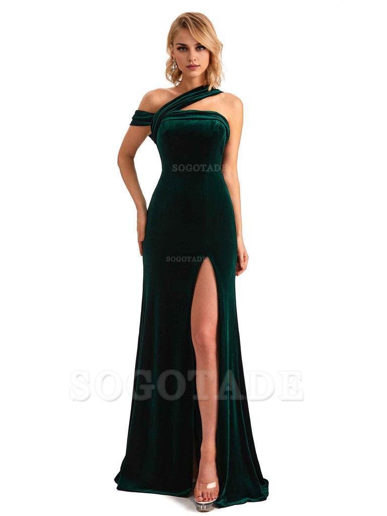 Sexy Mermaid Asymmetric Velvet Side Slit Long Bridesmaid Dresses
