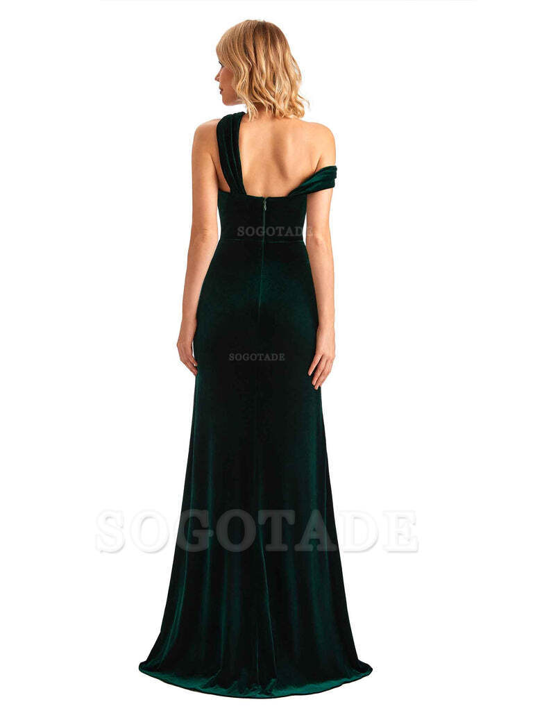 Sexy Mermaid Asymmetric Velvet Side Slit Long Bridesmaid Dresses