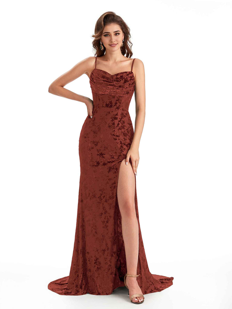 Sexy Spaghetti Straps Side Slit Mermaid Floral Velvet Long Bridesmaid Dresses Online