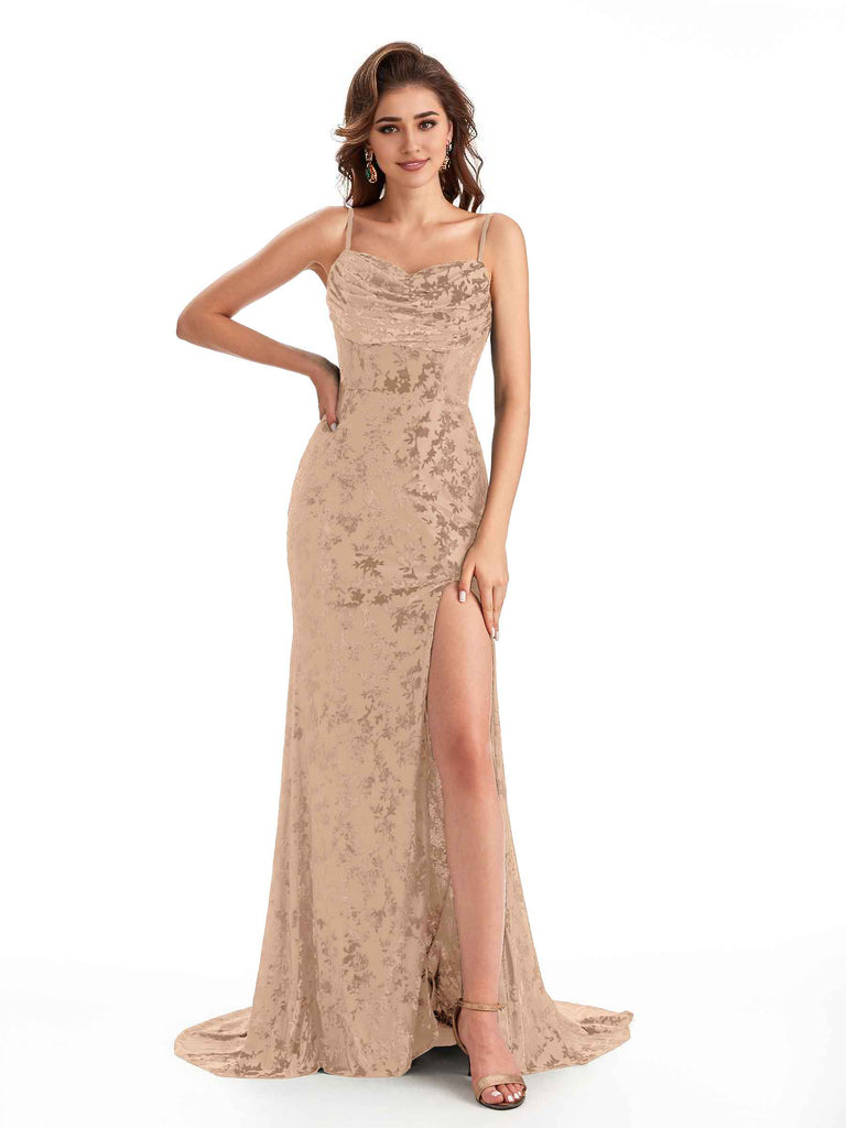 Sexy Spaghetti Straps Side Slit Mermaid Floral Velvet Long Bridesmaid Dresses Online