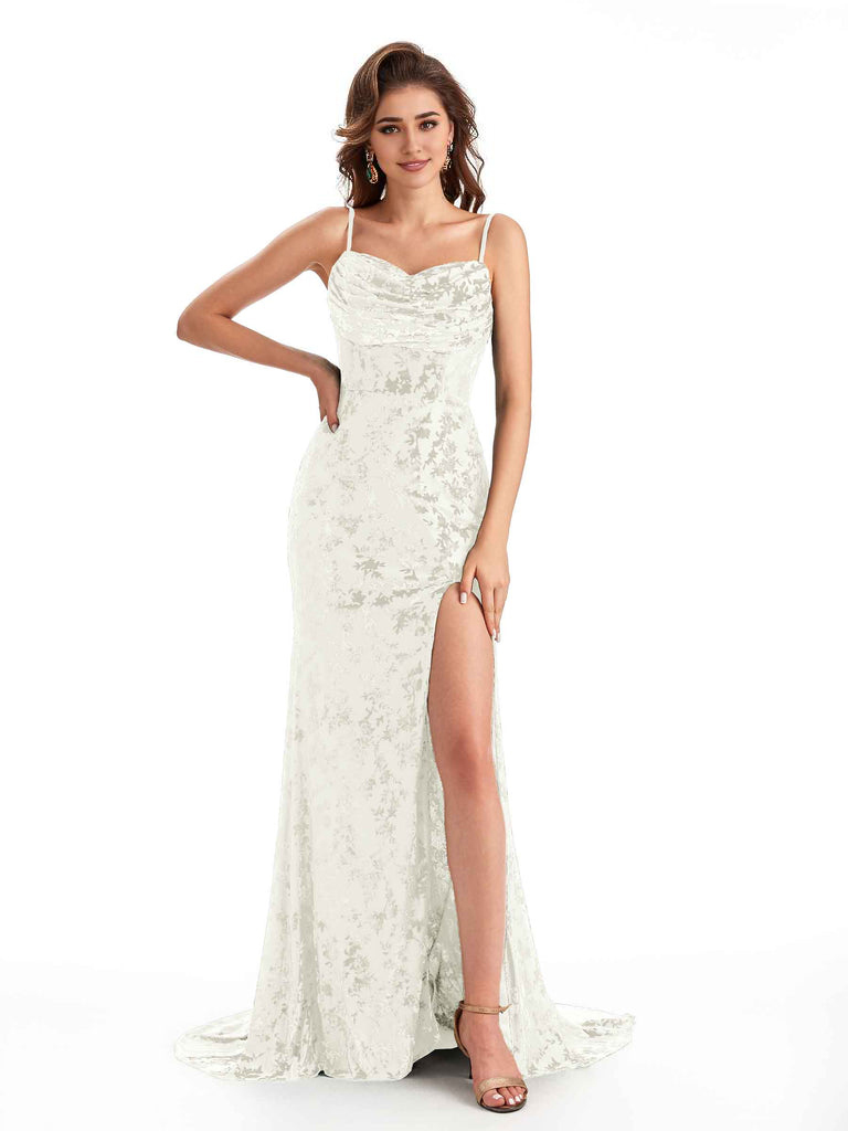 Sexy Spaghetti Straps Side Slit Mermaid Floral Velvet Long Bridesmaid Dresses Online