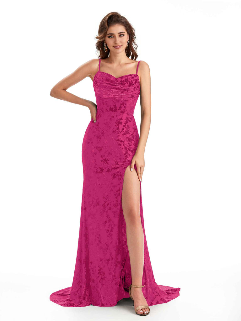 Sexy Spaghetti Straps Side Slit Mermaid Floral Velvet Long Bridesmaid Dresses Online