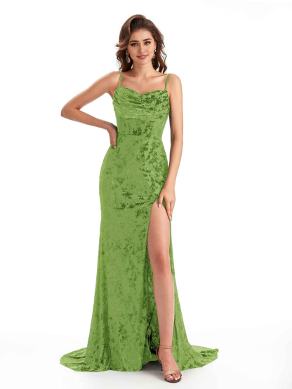 Sexy Spaghetti Straps Side Slit Mermaid Floral Velvet Long Bridesmaid Dresses Online