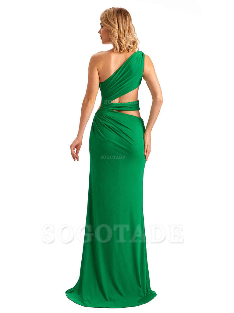 Elegant Mermaid One Shoulder Side Slit Stretchy Jersey Long Formal Bridesmaid Dresses