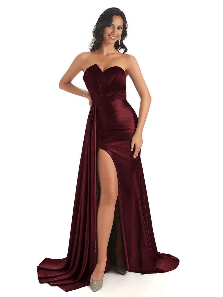 Asymmetric Neckline Mermaid Satin Side Slit Floor-Length Maxi Mermaid Bridesmaid Dresses