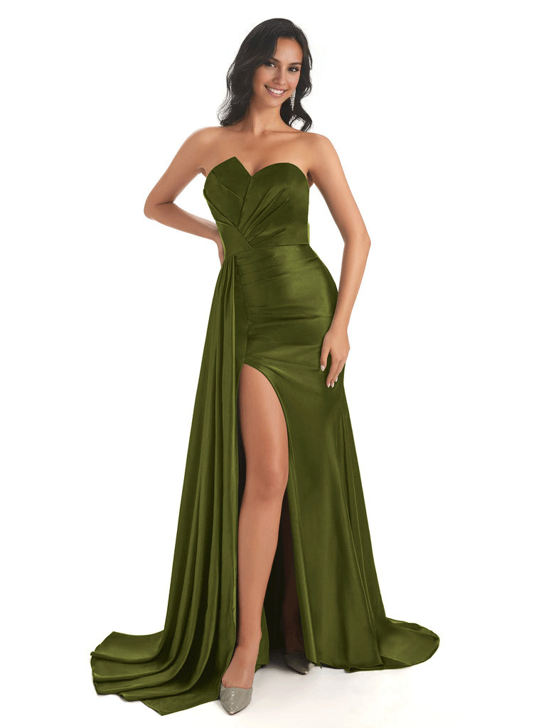 Asymmetric Neckline Mermaid Satin Side Slit Floor-Length Maxi Mermaid Bridesmaid Dresses