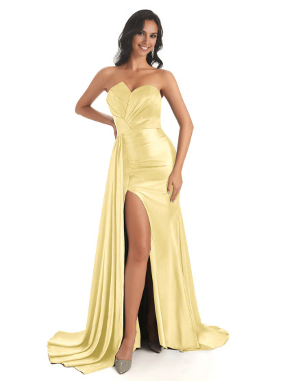 Asymmetric Neckline Mermaid Satin Side Slit Floor-Length Maxi Mermaid Bridesmaid Dresses