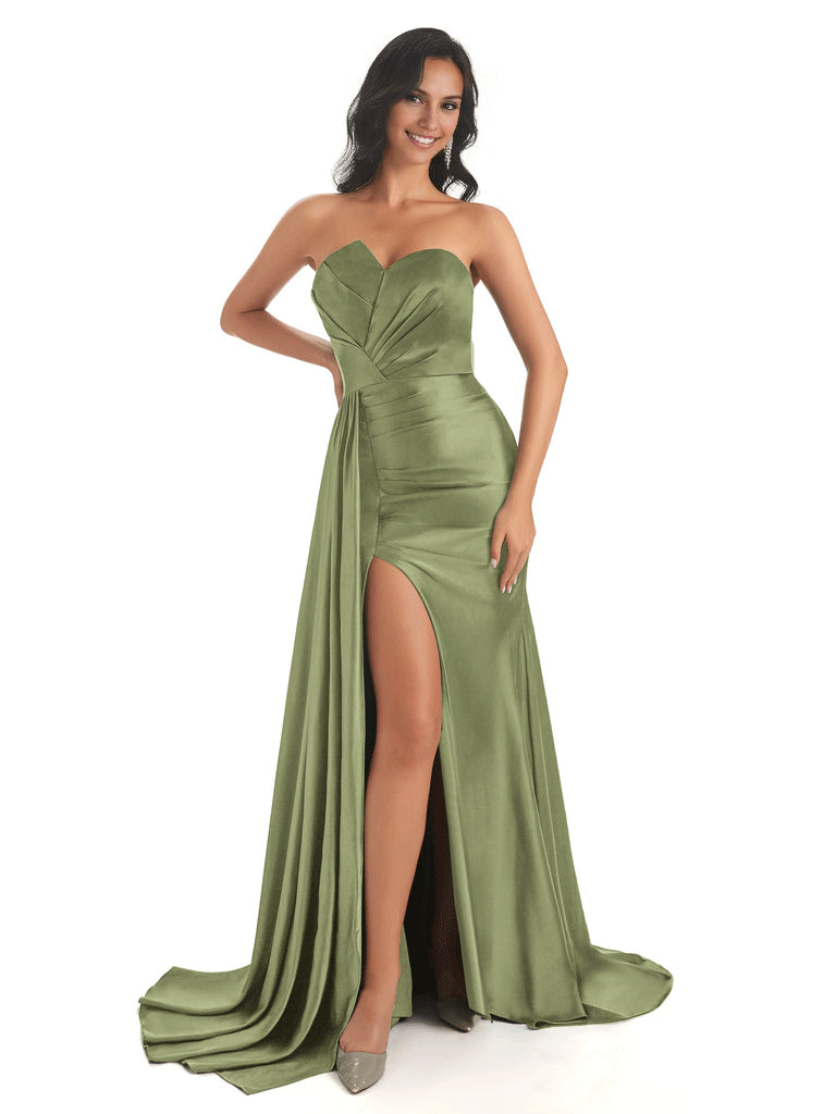 Asymmetric Neckline Mermaid Satin Side Slit Floor-Length Maxi Mermaid Bridesmaid Dresses