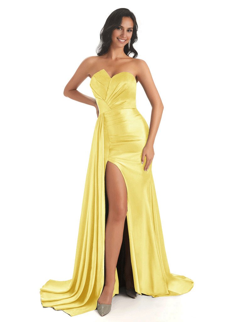 Asymmetric Neckline Mermaid Satin Side Slit Floor-Length Maxi Mermaid Bridesmaid Dresses
