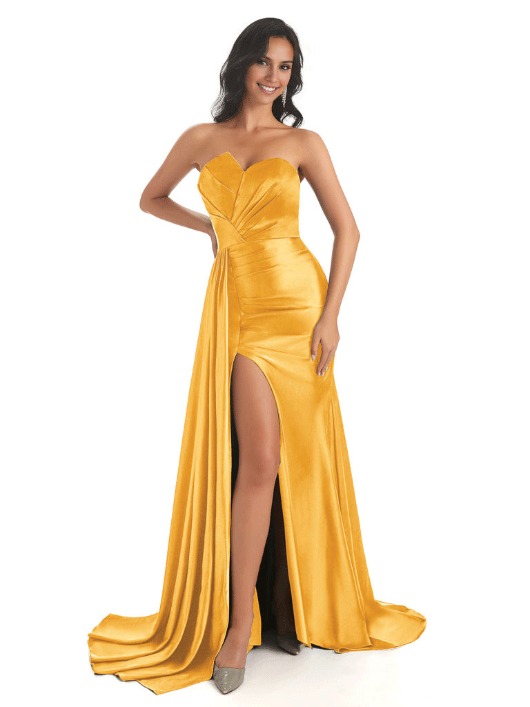 Asymmetric Neckline Mermaid Satin Side Slit Floor-Length Maxi Mermaid Bridesmaid Dresses