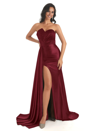 Asymmetric Neckline Mermaid Satin Side Slit Floor-Length Maxi Mermaid Bridesmaid Dresses