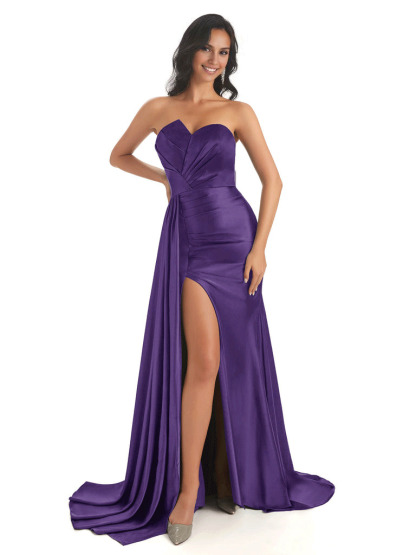 Asymmetric Neckline Mermaid Satin Side Slit Floor-Length Maxi Mermaid Bridesmaid Dresses