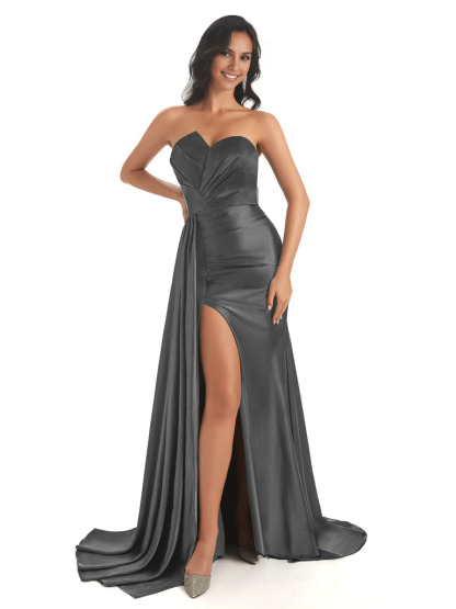 Asymmetric Neckline Mermaid Satin Side Slit Floor-Length Maxi Mermaid Bridesmaid Dresses