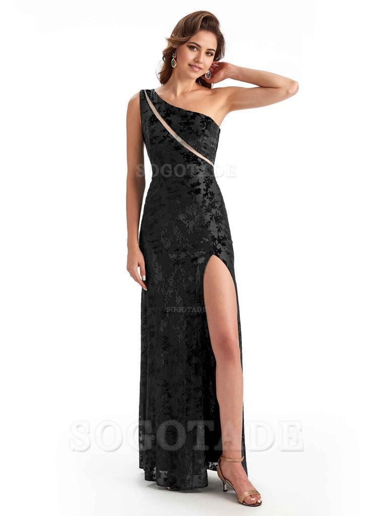 Sexy One Shoulder Side Slit Mermaid Floral Velvet See Through Long Bridesmaid Dresses