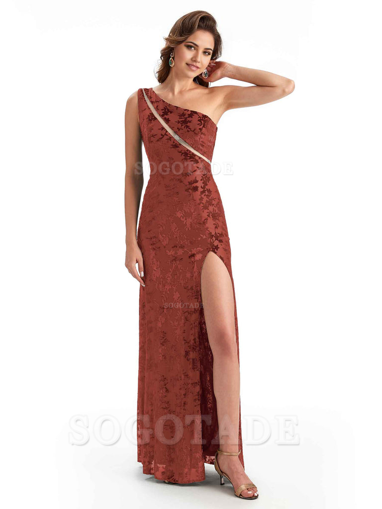 Sexy One Shoulder Side Slit Mermaid Floral Velvet See Through Long Bridesmaid Dresses