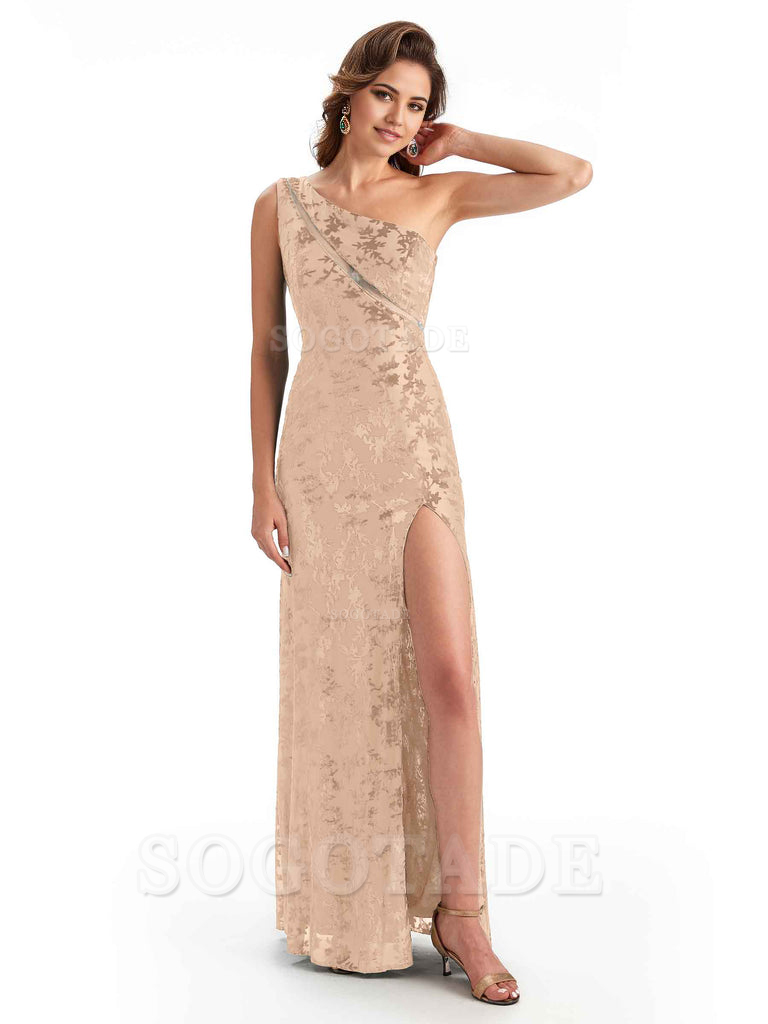 Sexy One Shoulder Side Slit Mermaid Floral Velvet See Through Long Bridesmaid Dresses