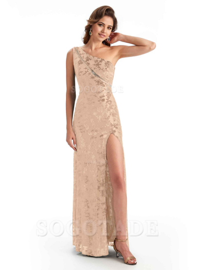 Sexy One Shoulder Side Slit Mermaid Floral Velvet See Through Long Bridesmaid Dresses