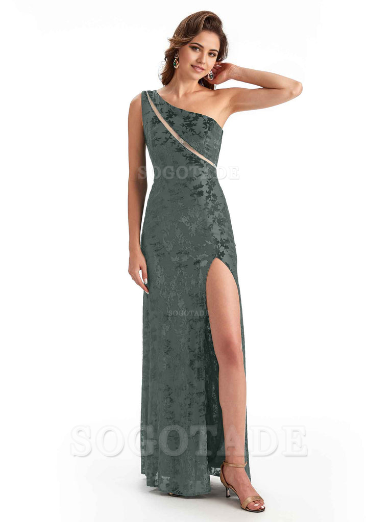 Sexy One Shoulder Side Slit Mermaid Floral Velvet See Through Long Bridesmaid Dresses