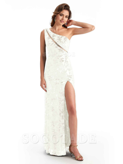 Sexy One Shoulder Side Slit Mermaid Floral Velvet See Through Long Bridesmaid Dresses