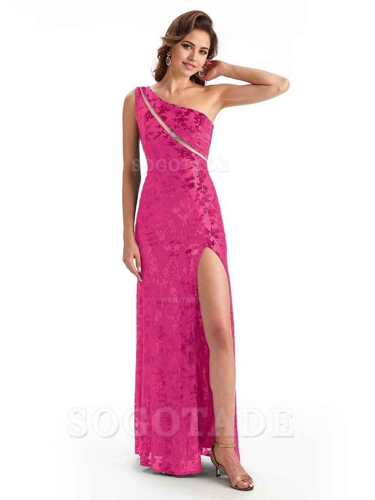 Sexy One Shoulder Side Slit Mermaid Floral Velvet See Through Long Bridesmaid Dresses