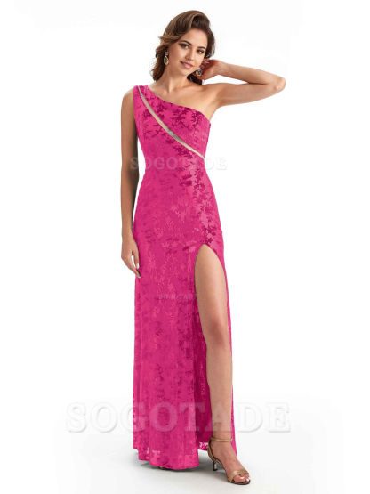 Sexy One Shoulder Side Slit Mermaid Floral Velvet See Through Long Bridesmaid Dresses