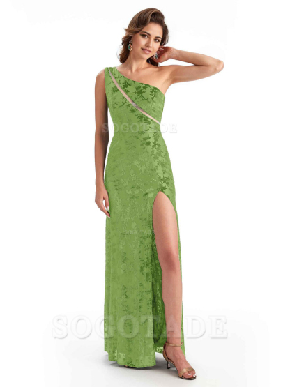 Sexy One Shoulder Side Slit Mermaid Floral Velvet See Through Long Bridesmaid Dresses