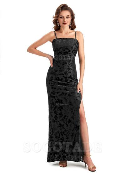Sexy Side Slit Spaghetti Straps Floral Velvet Long Formal Bridesmaid Dresses Online