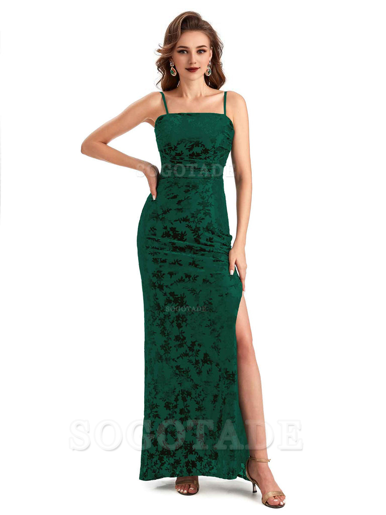 Sexy Side Slit Spaghetti Straps Floral Velvet Long Formal Bridesmaid Dresses Online
