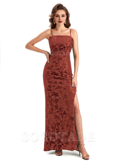 Sexy Side Slit Spaghetti Straps Floral Velvet Long Formal Bridesmaid Dresses Online
